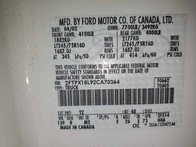 2002 Ford F150 VIN: 2FTPX18L92CA70364 Lot: 56907384