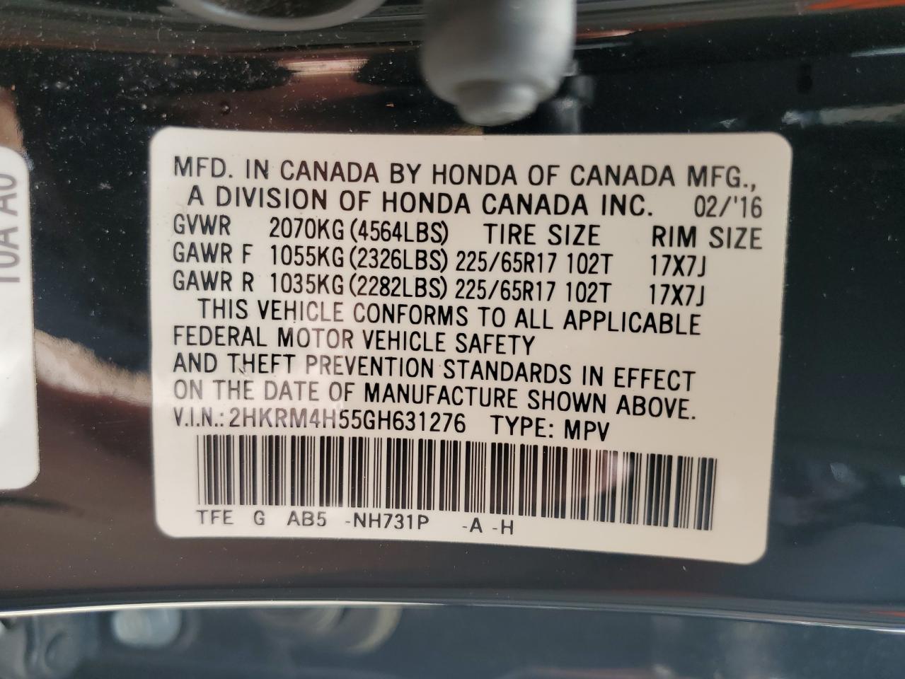 2HKRM4H55GH631276 2016 Honda Cr-V Ex