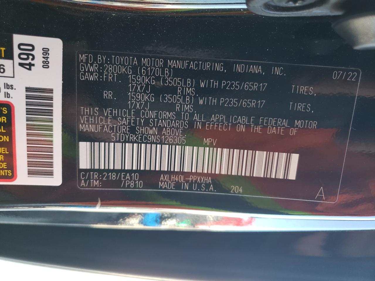 5TDYRKEC9NS126305 2022 Toyota Sienna Xle