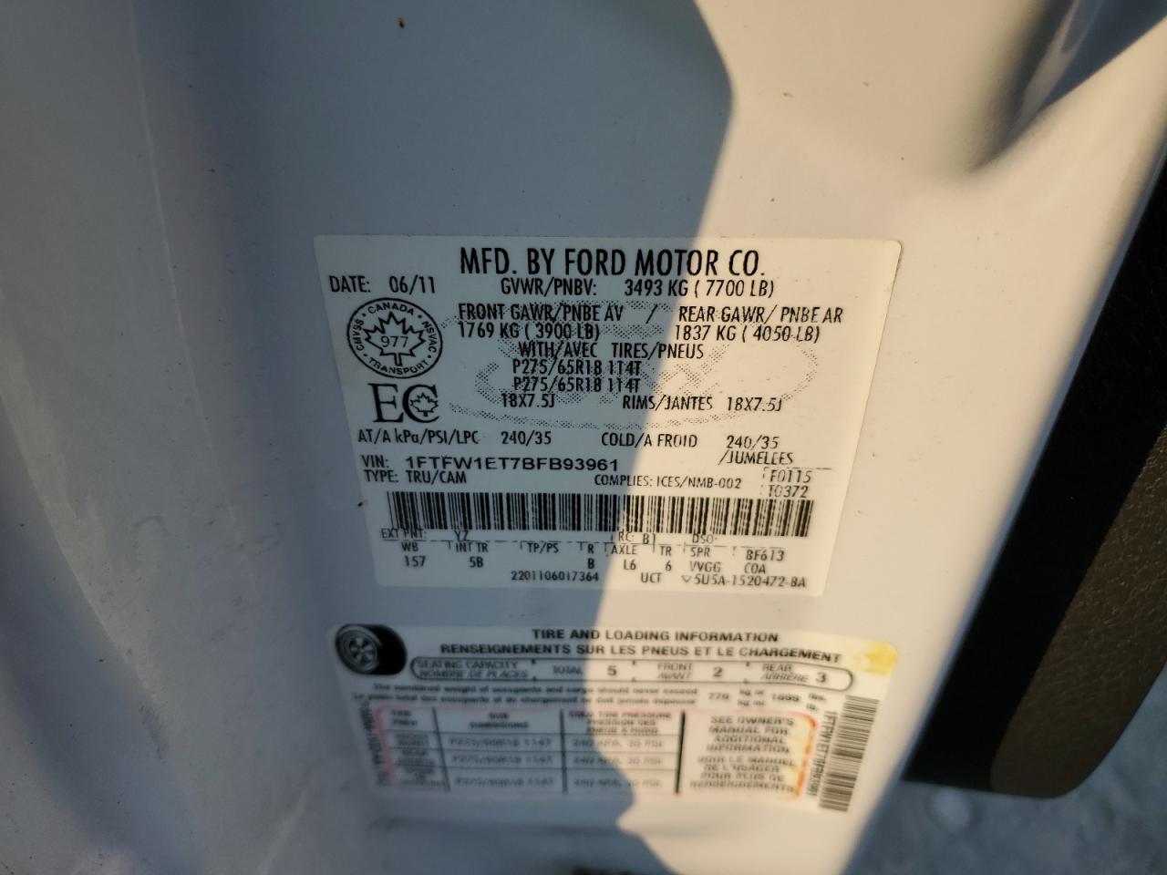 1FTFW1ET7BFB93961 2011 Ford F150 Supercrew