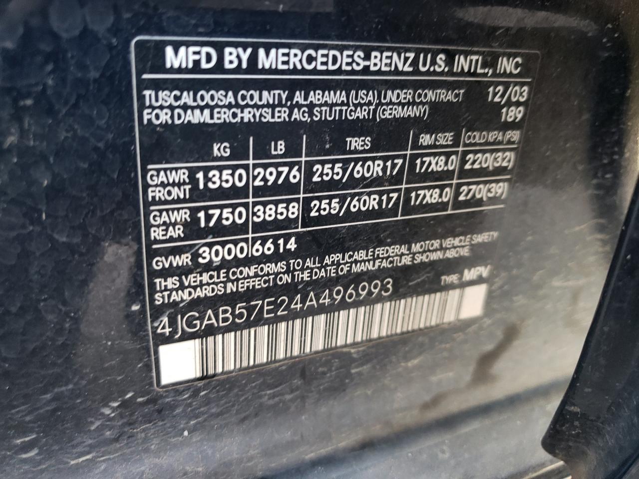 4JGAB57E24A496993 2004 Mercedes-Benz Ml 350