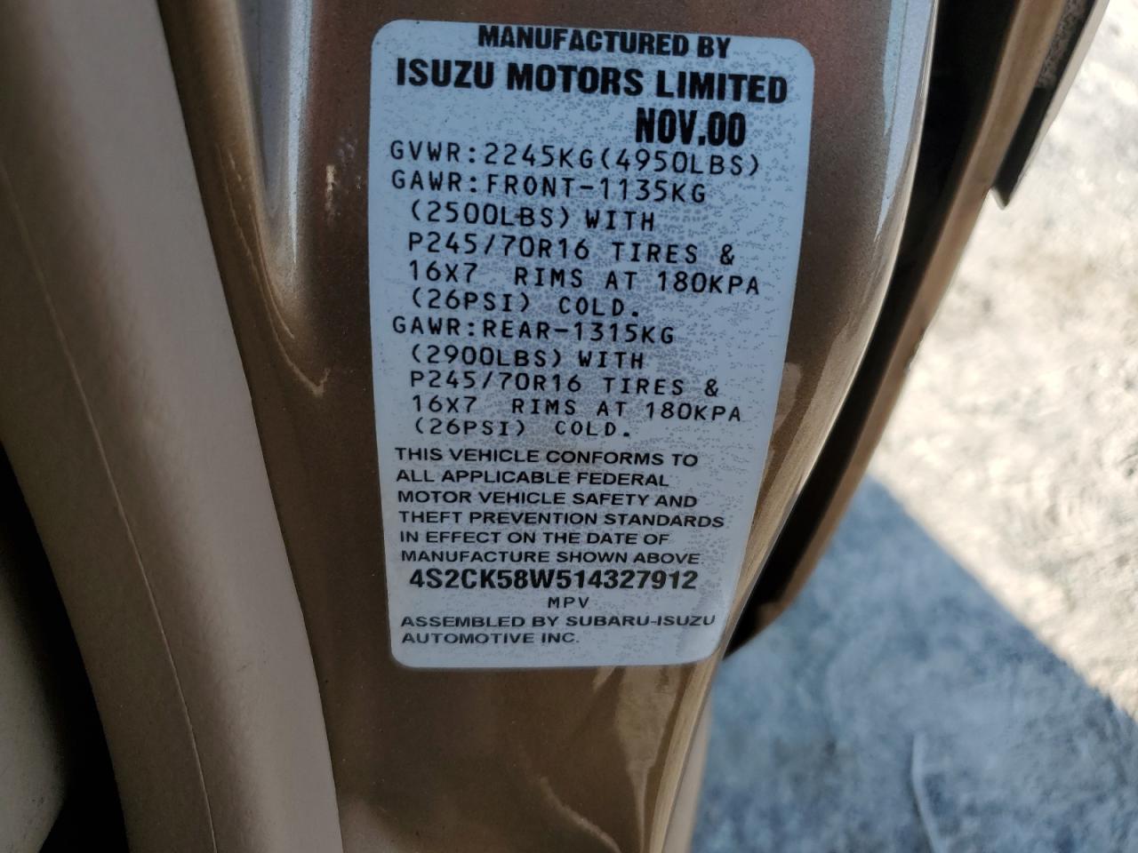 4S2CK58W514327912 2001 Isuzu Rodeo S