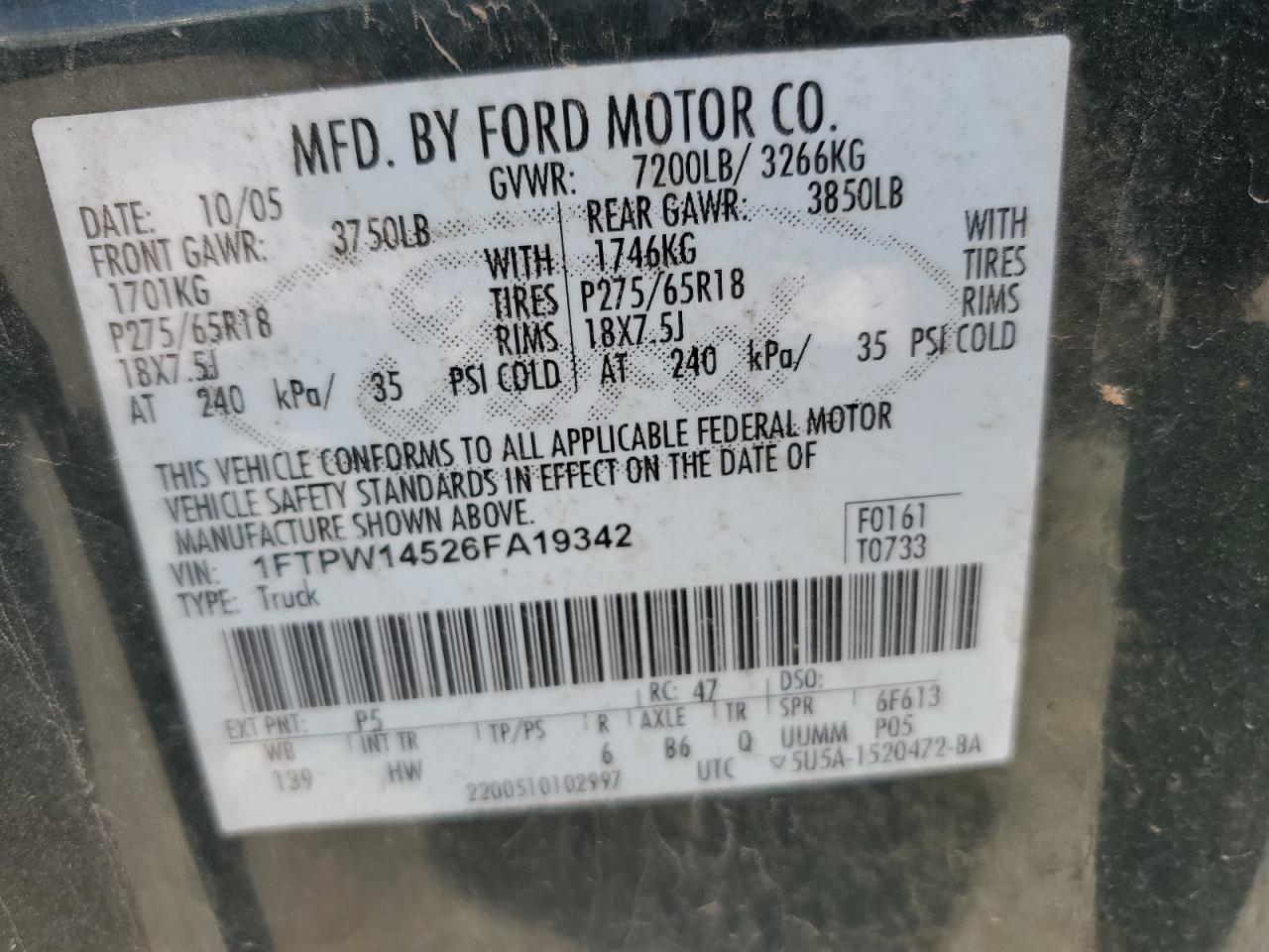 1FTPW14526FA19342 2006 Ford F150 Supercrew