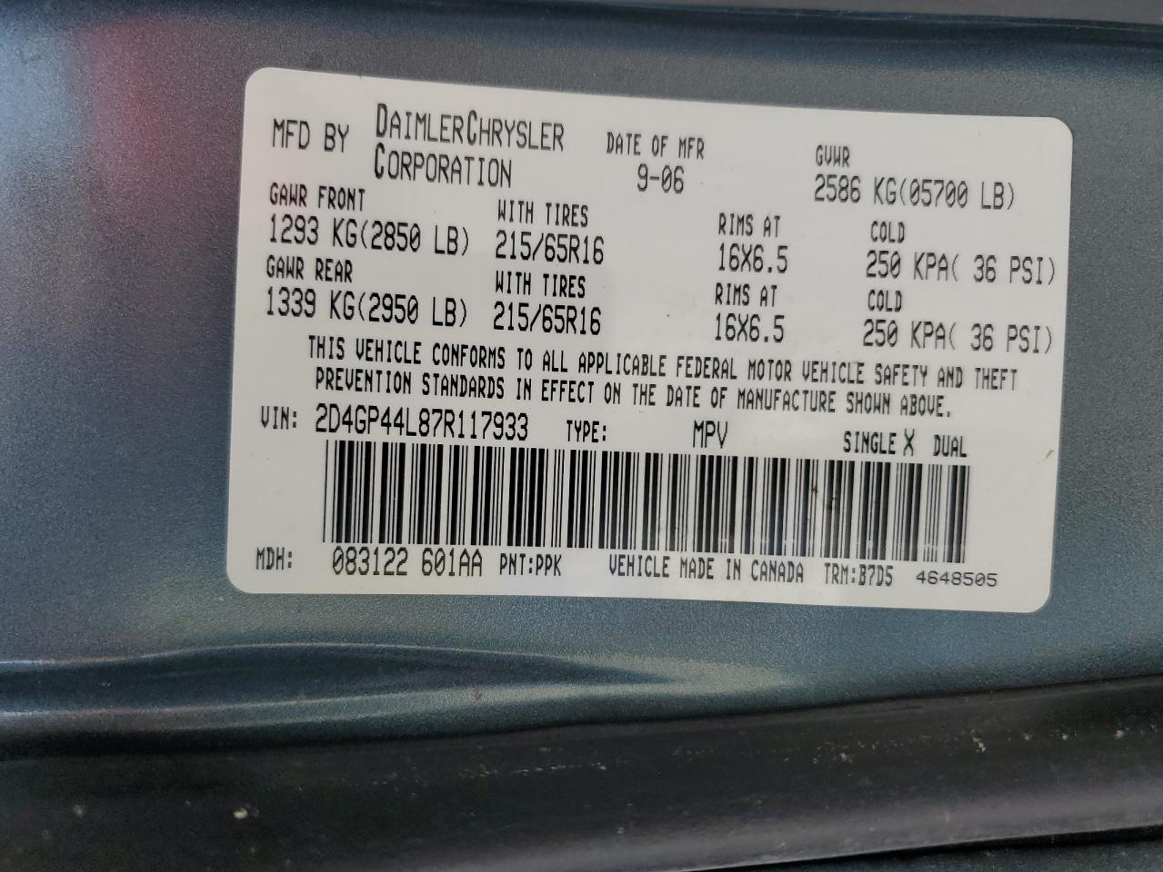 2D4GP44L87R117933 2007 Dodge Grand Caravan Sxt