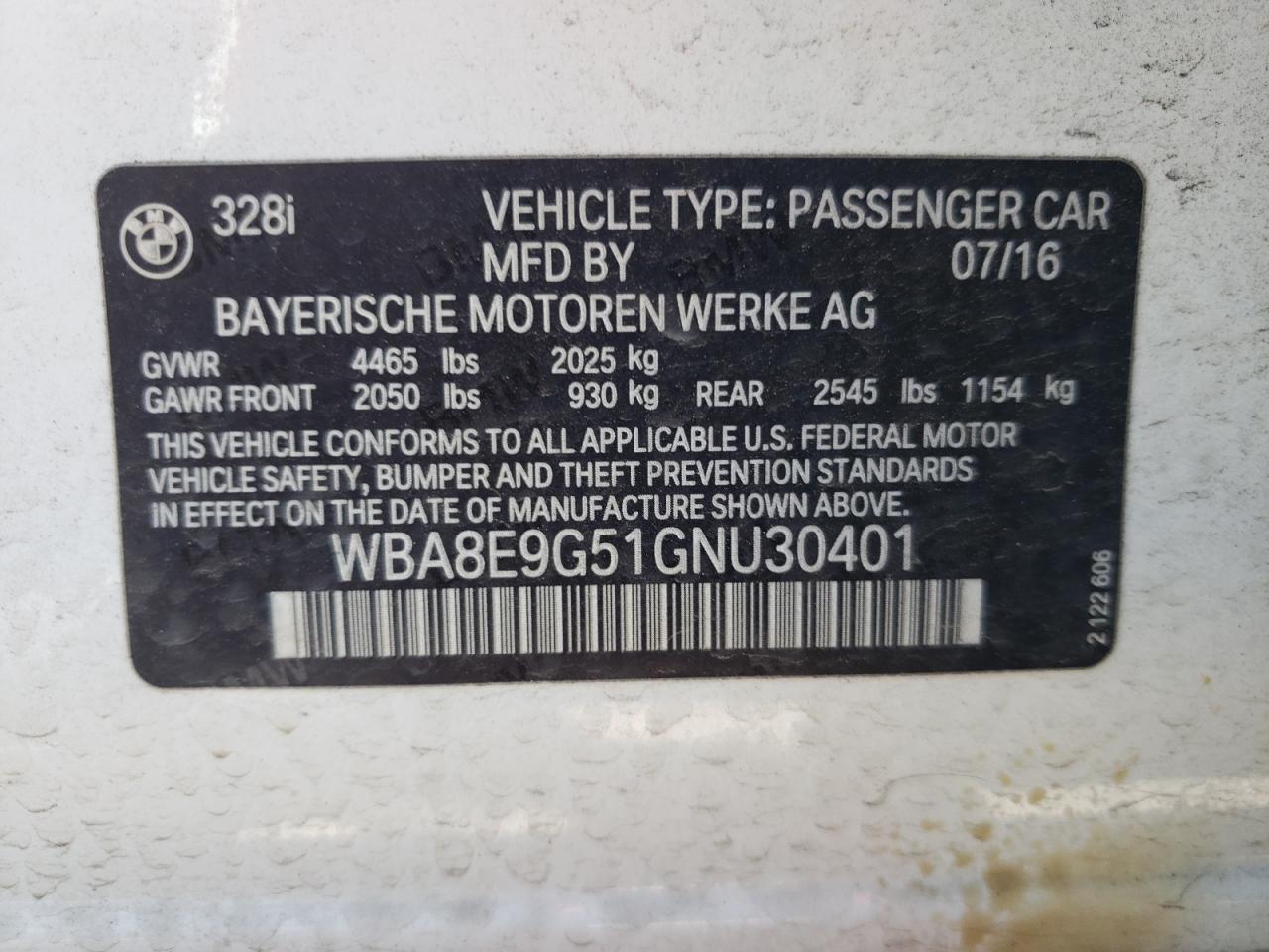 WBA8E9G51GNU30401 2016 BMW 328 I Sulev