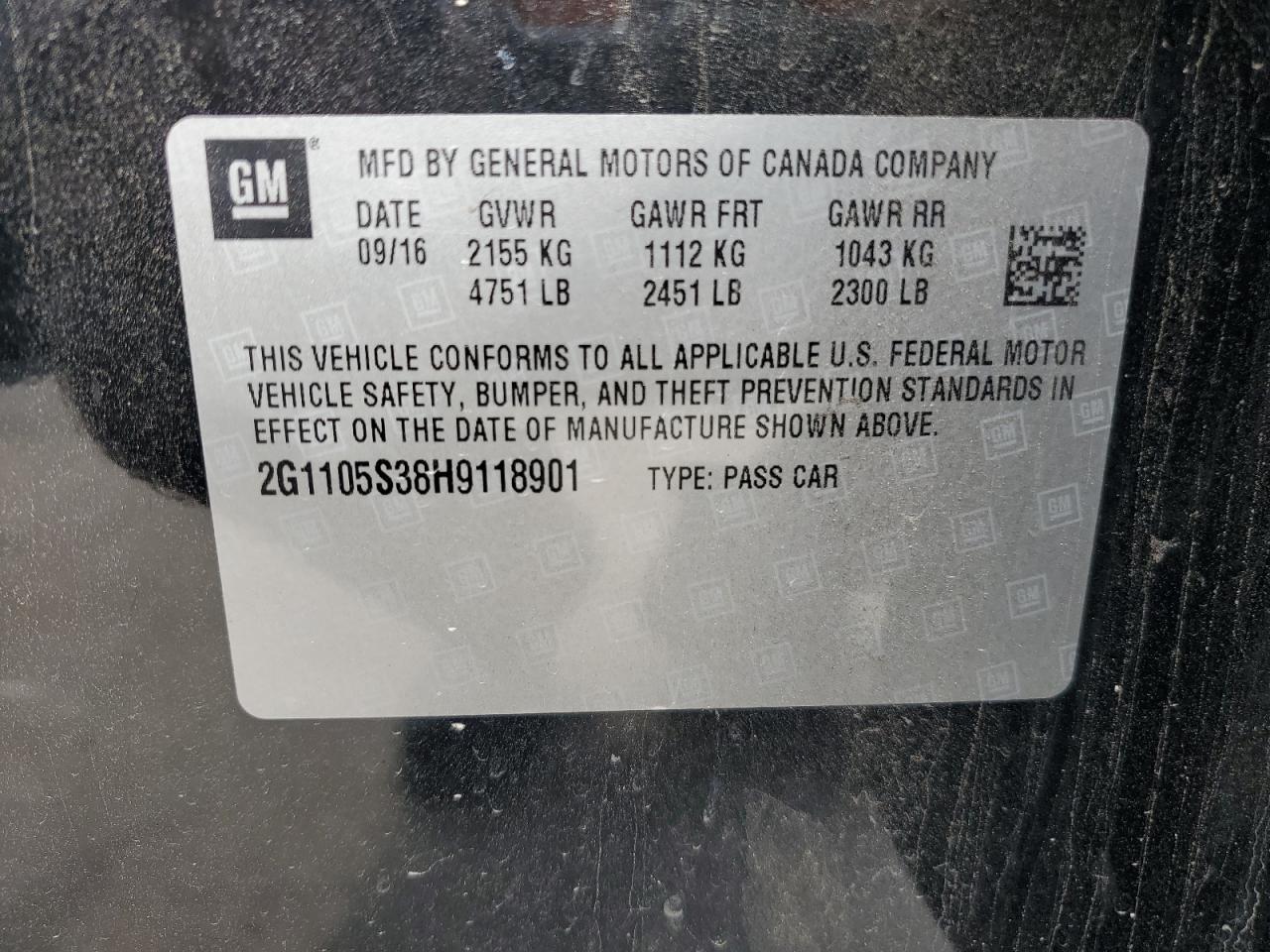 2G1105S38H9118901 2017 Chevrolet Impala Lt