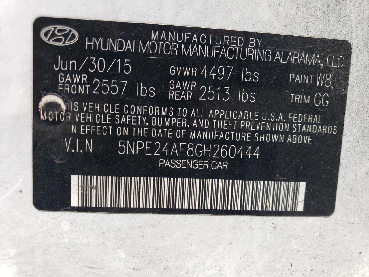 5NPE24AF8GH260444 2016 Hyundai Sonata Se