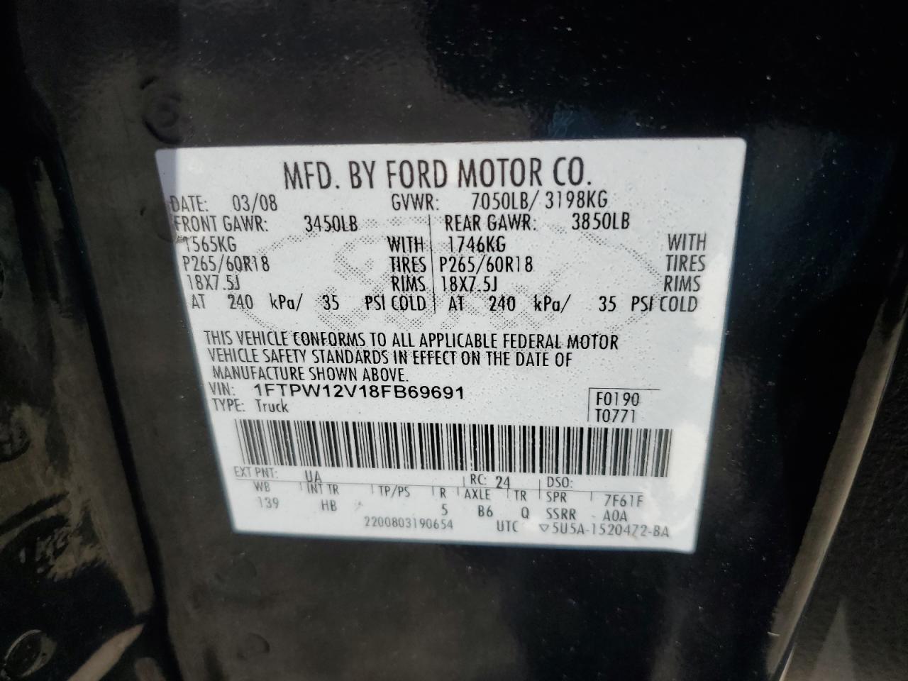 1FTPW12V18FB69691 2008 Ford F150 Supercrew