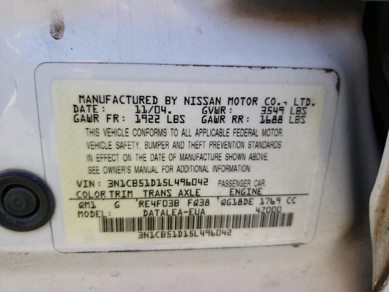 3N1CB51D15L496042 2005 Nissan Sentra 1.8