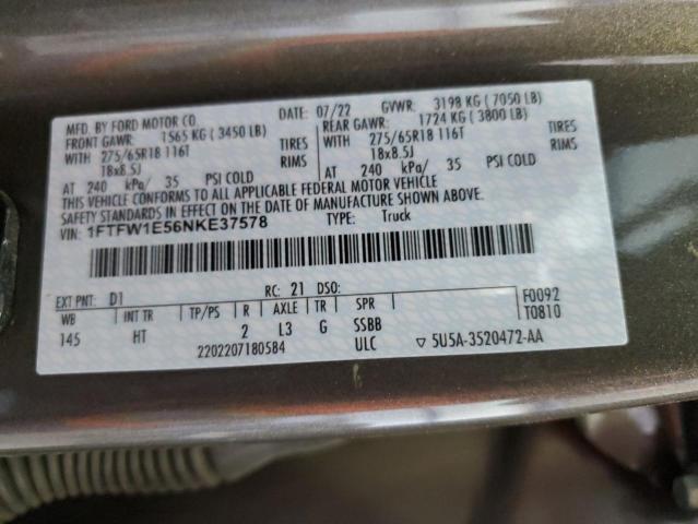 2022 Ford F150 Supercrew VIN: 1FTFW1E56NKE37578 Lot: 59661974
