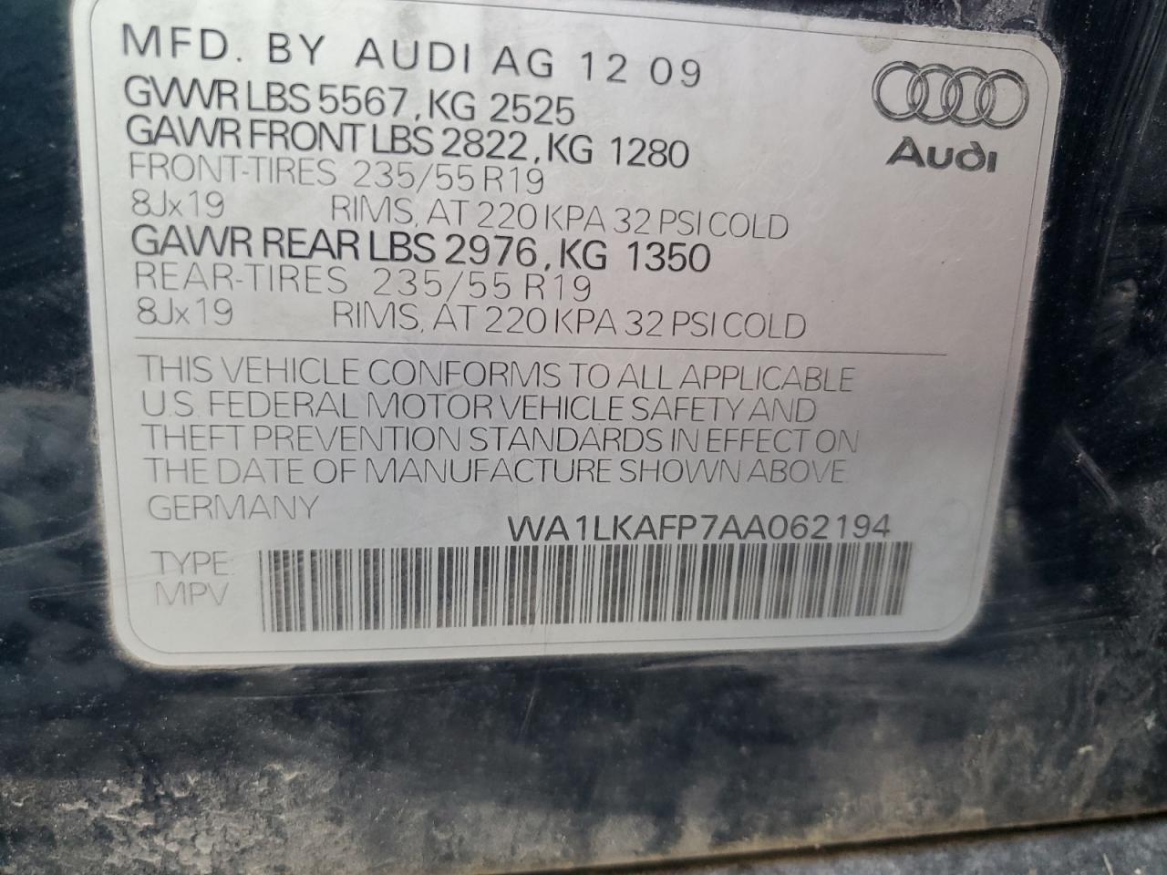 WA1LKAFP7AA062194 2010 Audi Q5 Premium Plus