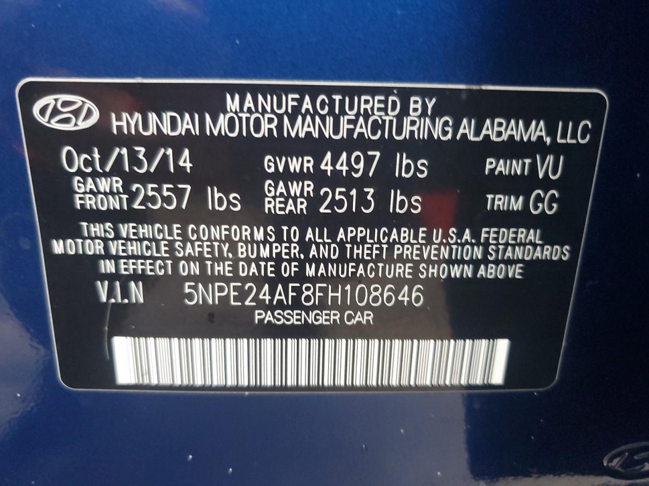 5NPE24AF8FH108646 2015 Hyundai Sonata Se