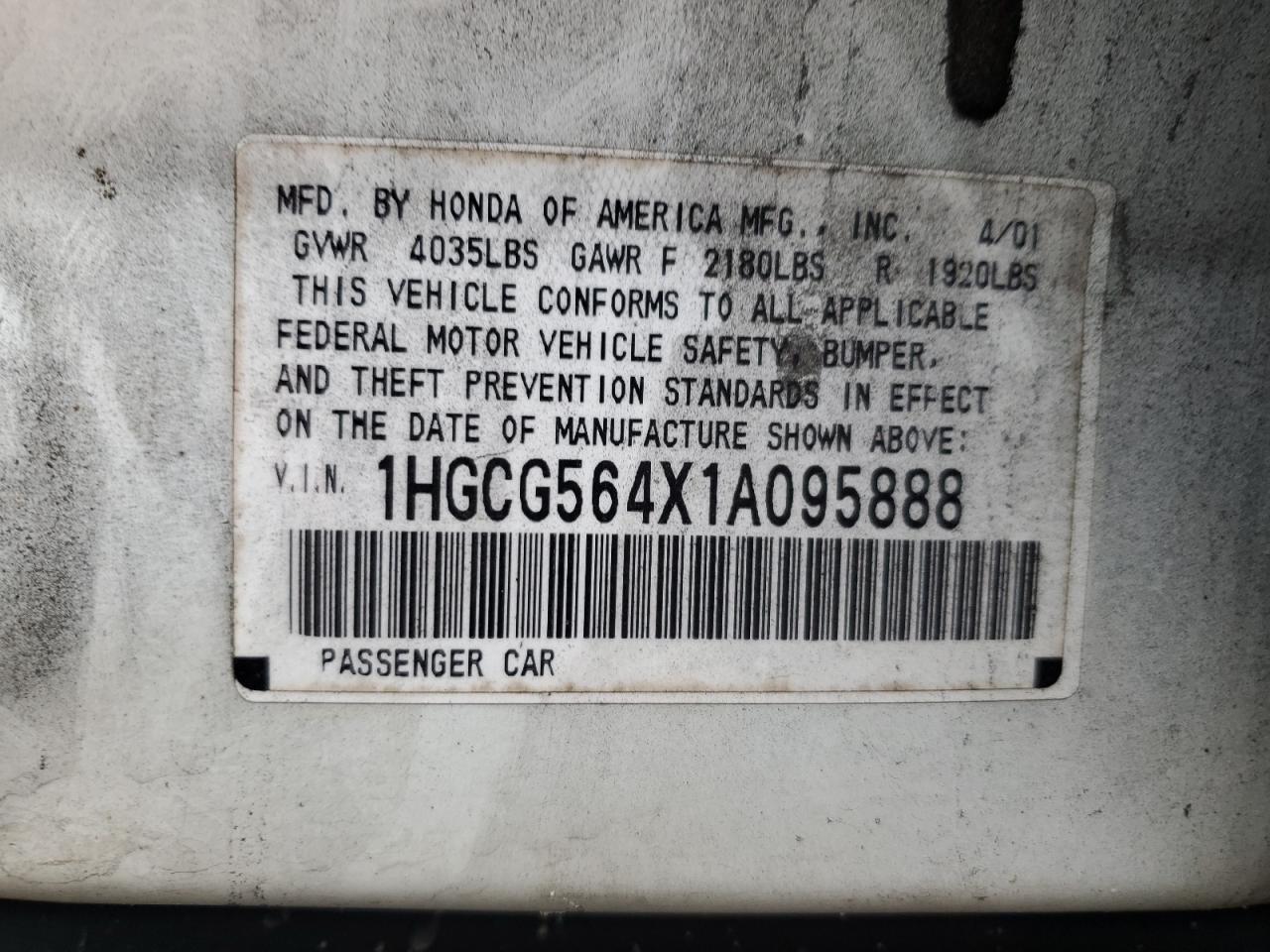 1HGCG564X1A095888 2001 Honda Accord Lx