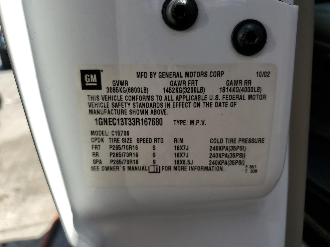 1GNEC13T33R167680 2003 Chevrolet Tahoe C1500