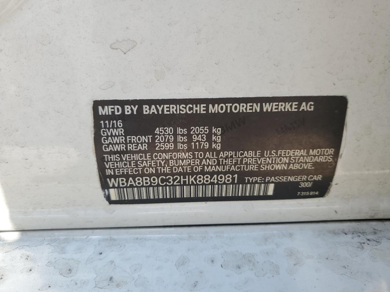 WBA8B9C32HK884981 2017 BMW 330 I