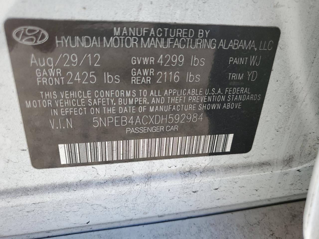 5NPEB4ACXDH592984 2013 Hyundai Sonata Gls