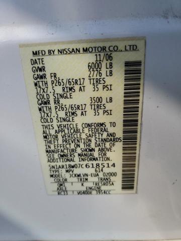 2007 Nissan Pathfinder Le VIN: 5N1AR18W07C618514 Lot: 60227324