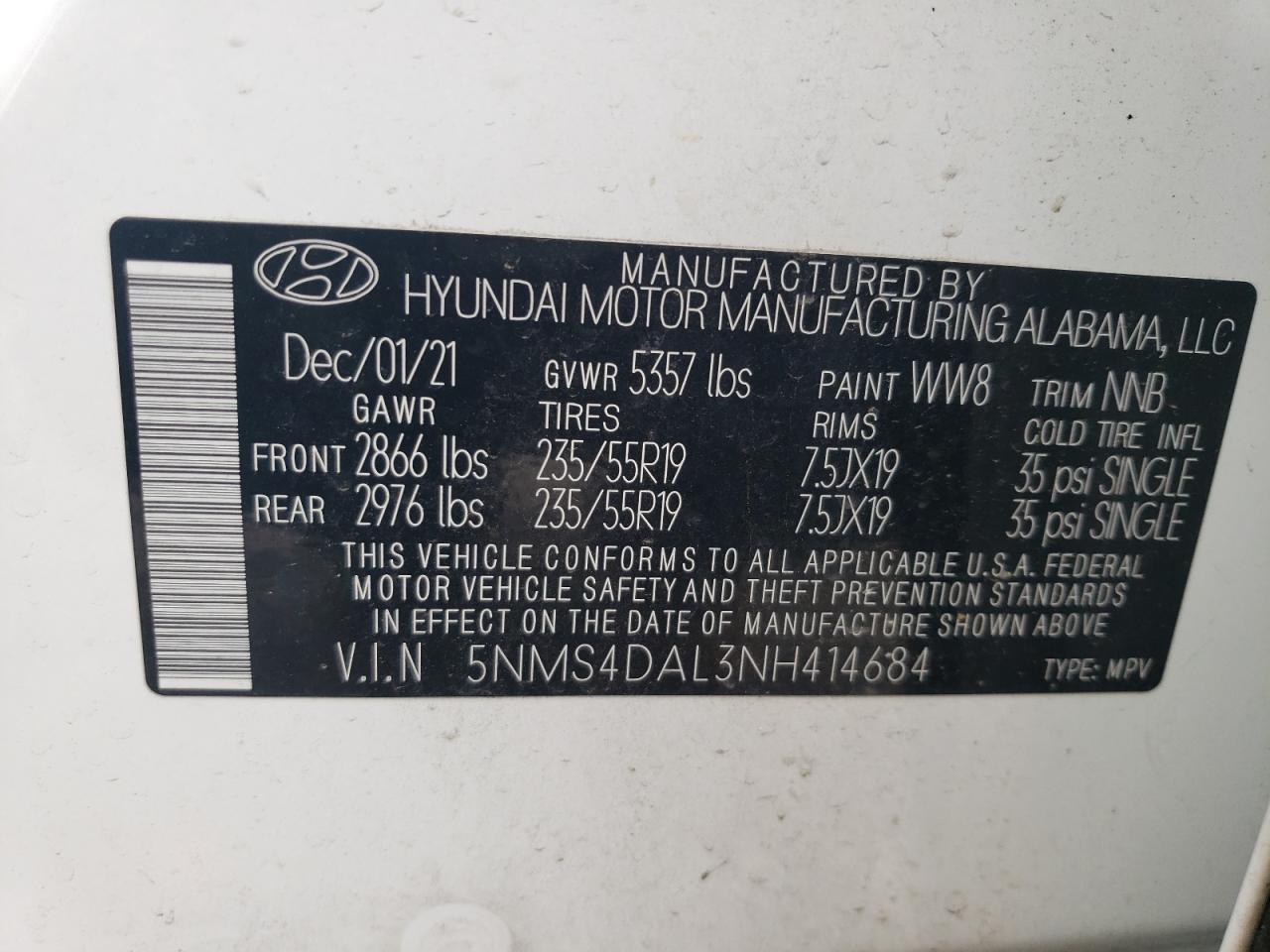 5NMS4DAL3NH414684 2022 Hyundai Santa Fe Limited