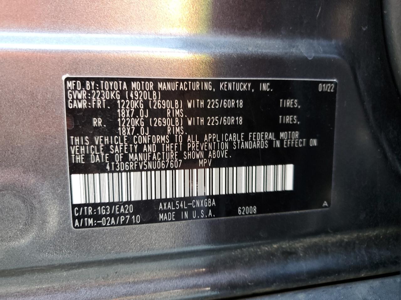 4T3D6RFV5NU067607 2022 Toyota Rav4 Limited