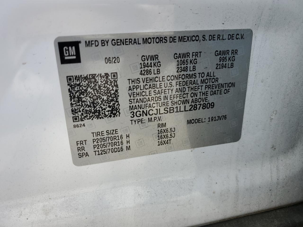 3GNCJLSB1LL287809 2020 Chevrolet Trax 1Lt