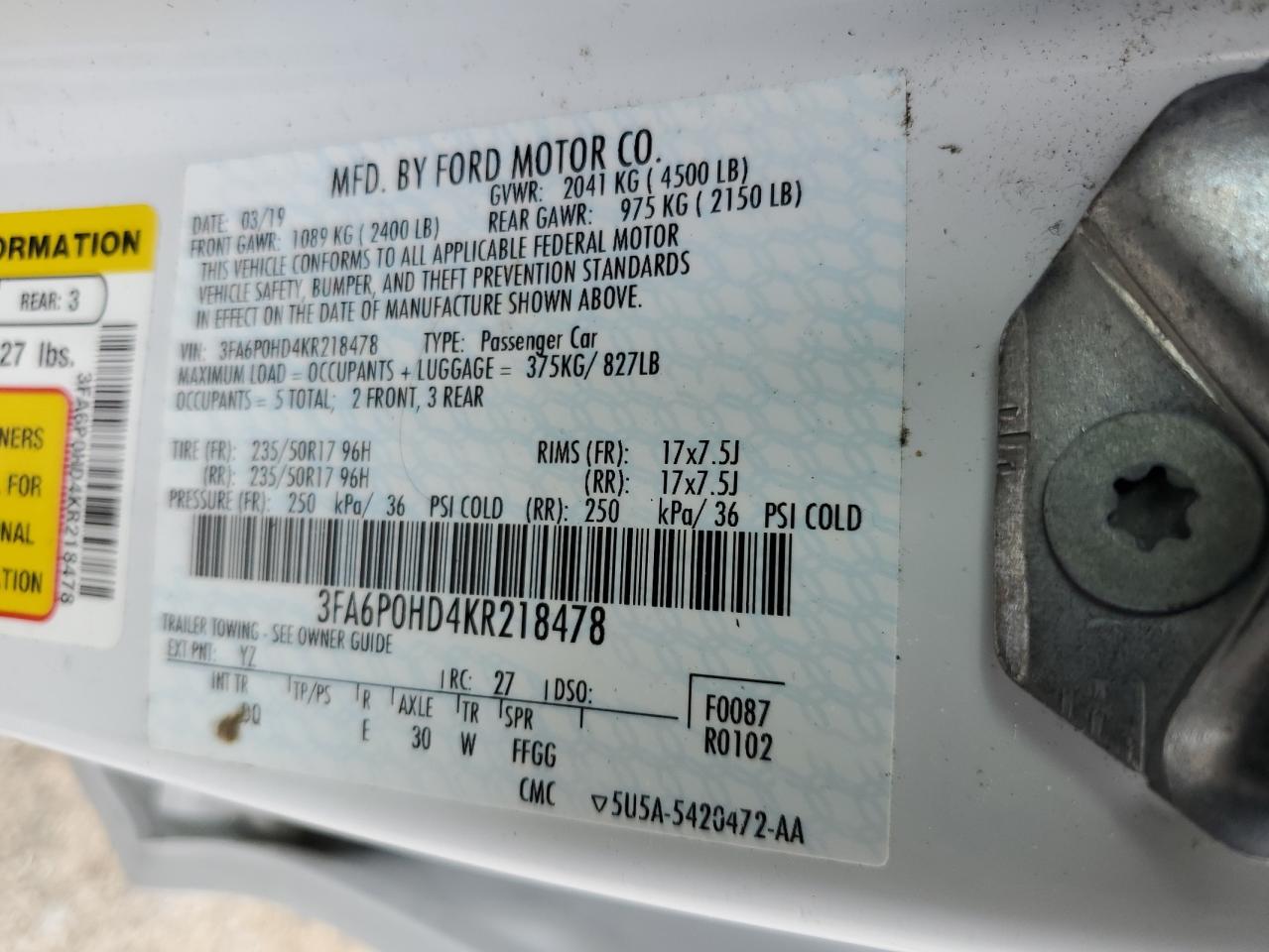 3FA6P0HD4KR218478 2019 Ford Fusion Se