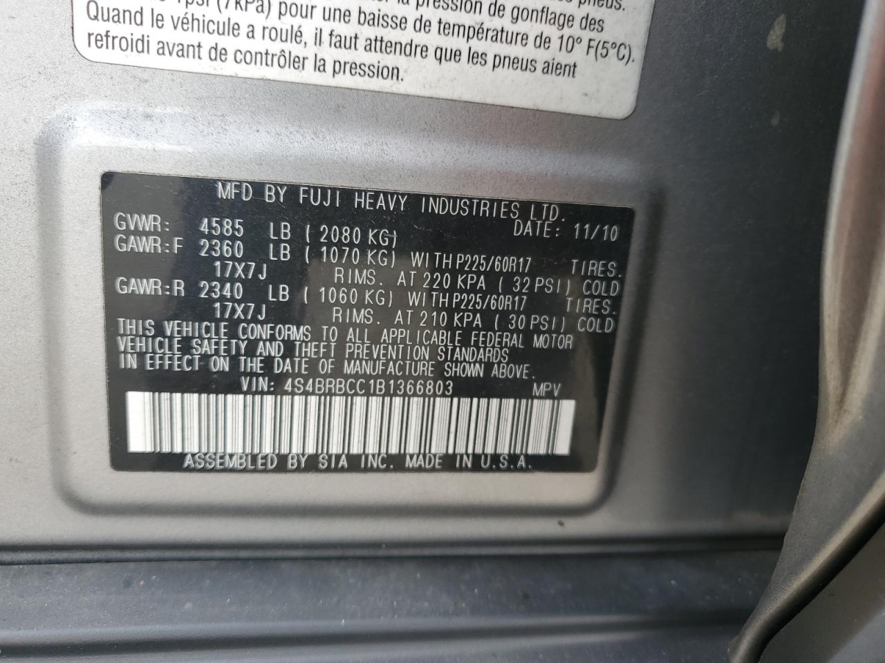 4S4BRBCC1B1366803 2011 Subaru Outback 2.5I Premium