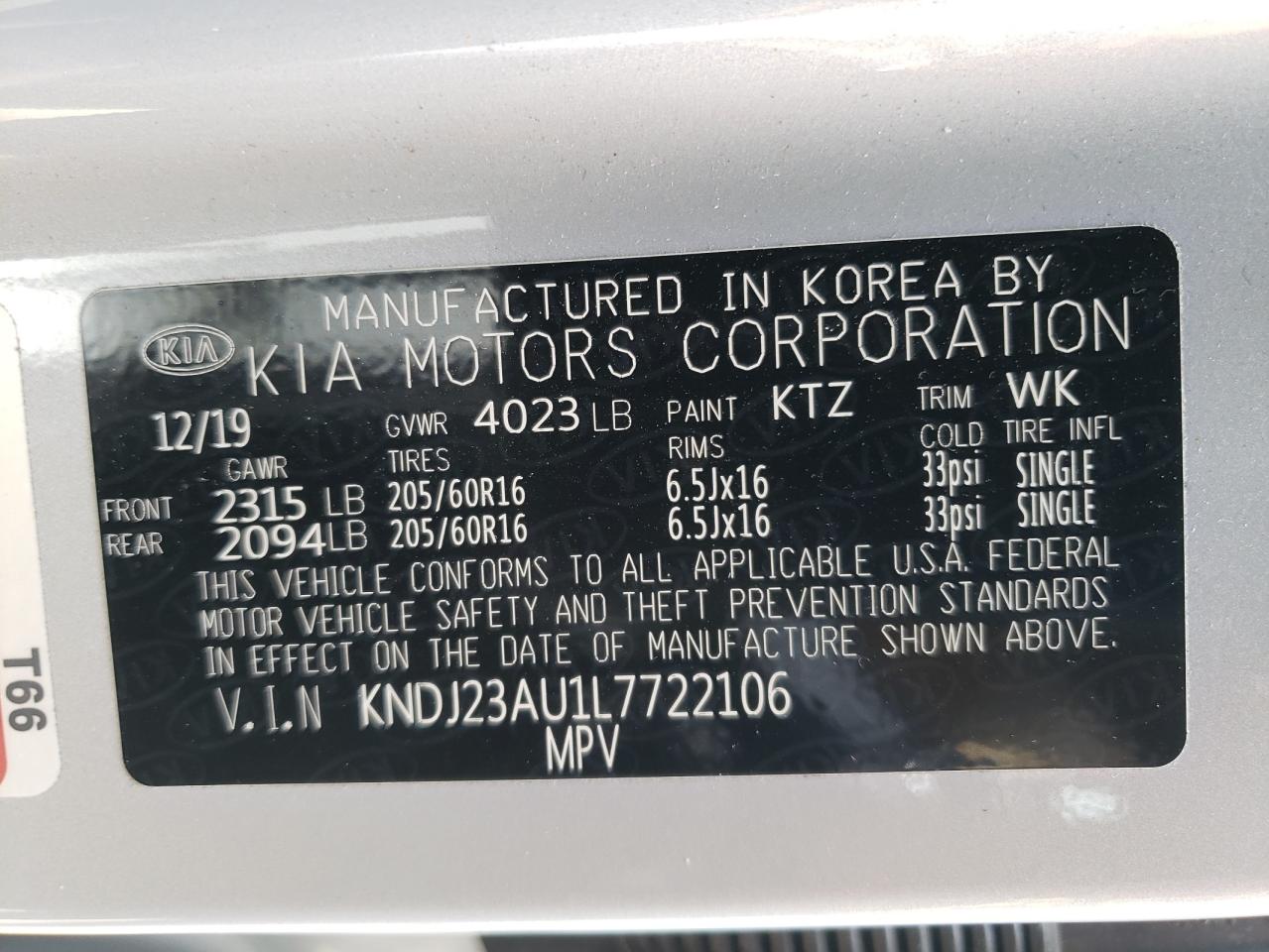 KNDJ23AU1L7722106 2020 Kia Soul Lx