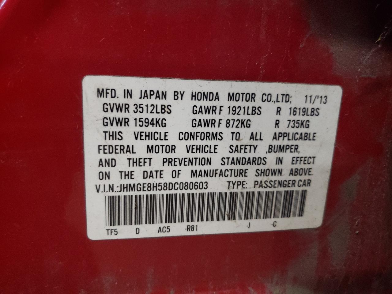 JHMGE8H58DC080603 2013 Honda Fit Sport