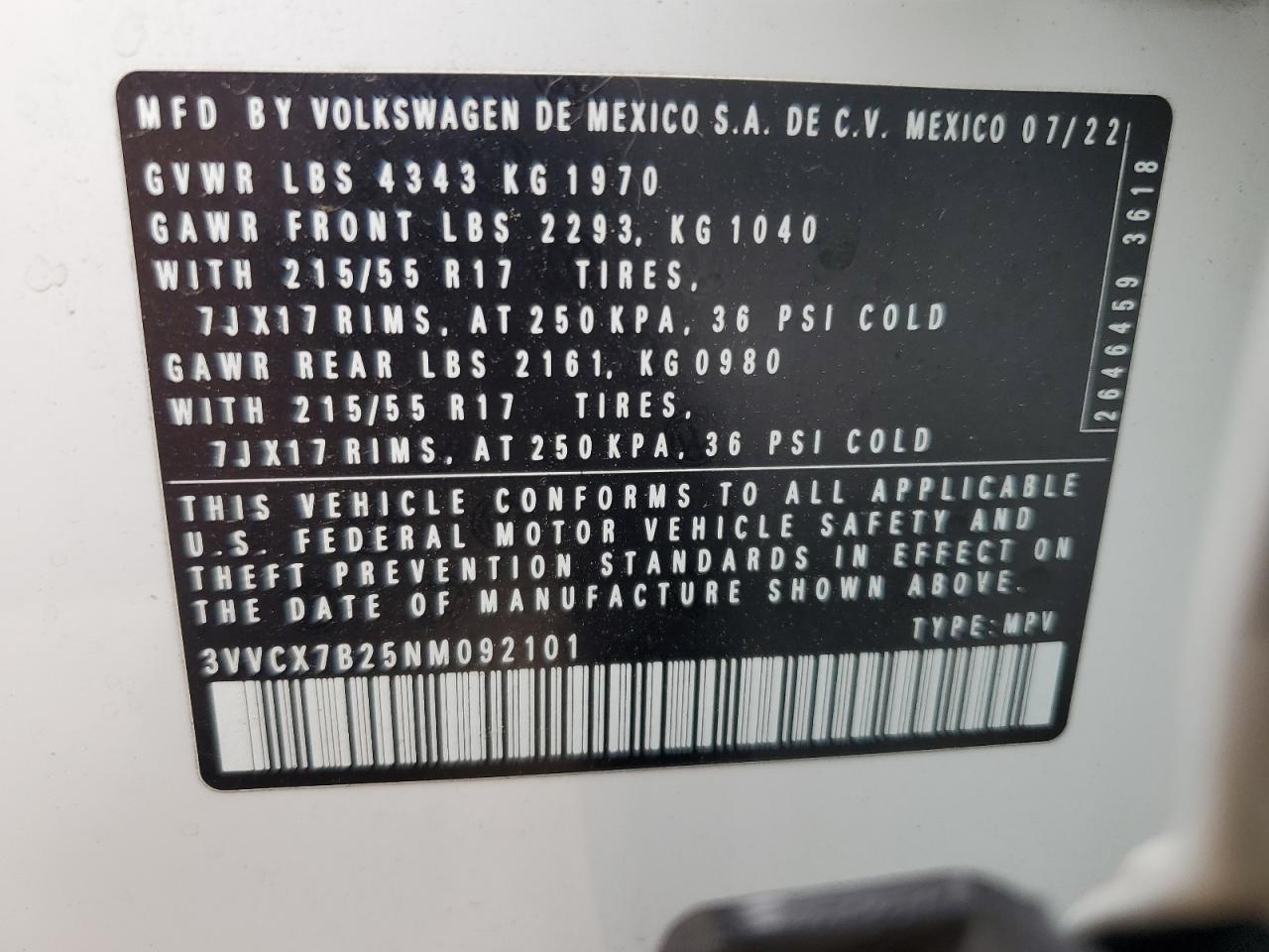 3VVCX7B25NM092101 2022 Volkswagen Taos S