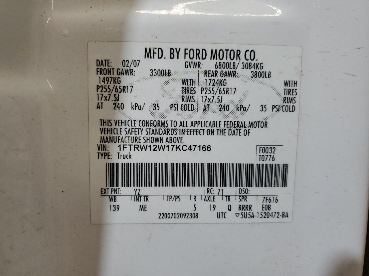 1FTRW12W17KC47166 2007 Ford F150 Supercrew