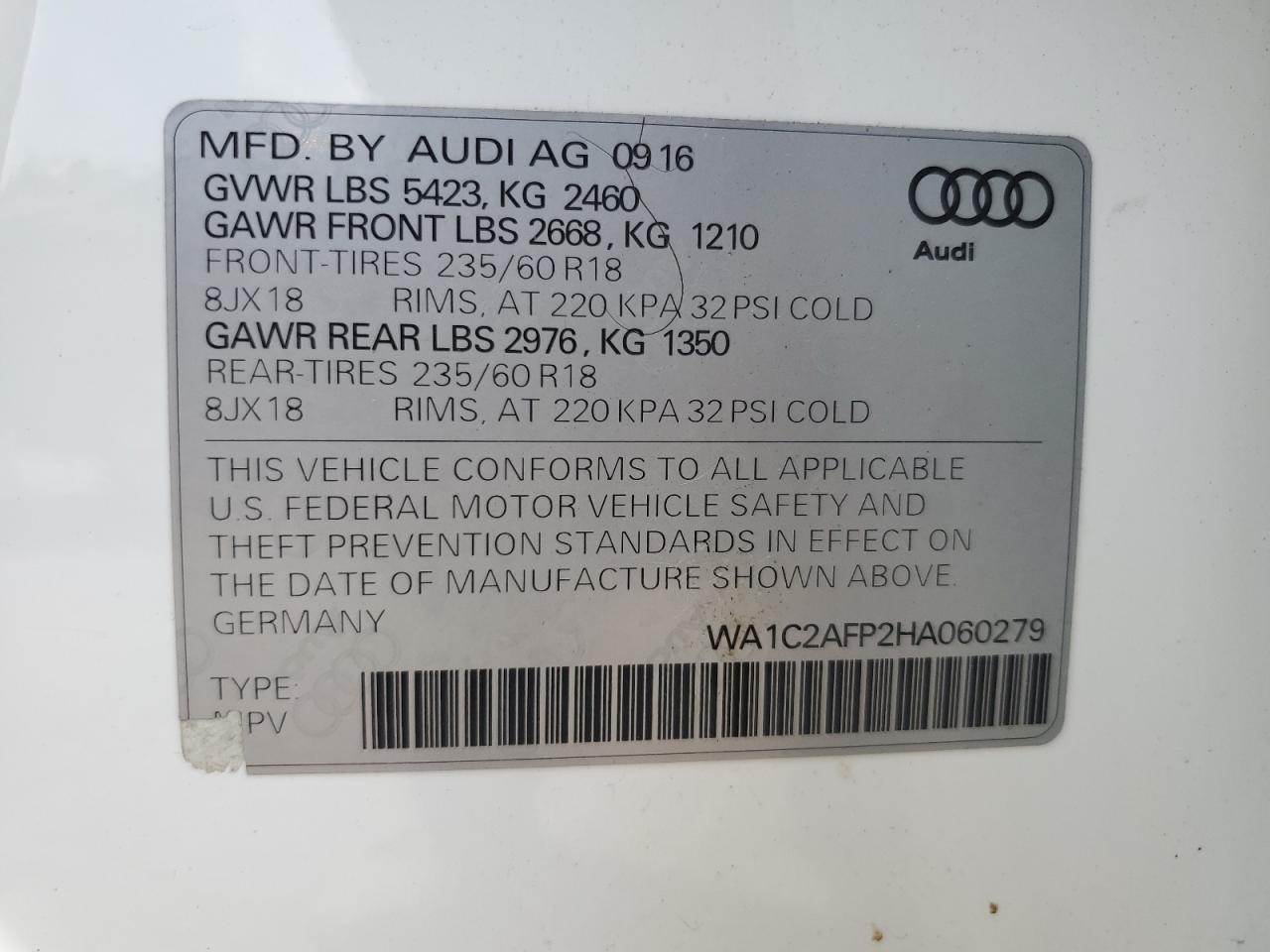 WA1C2AFP2HA060279 2017 Audi Q5 Premium