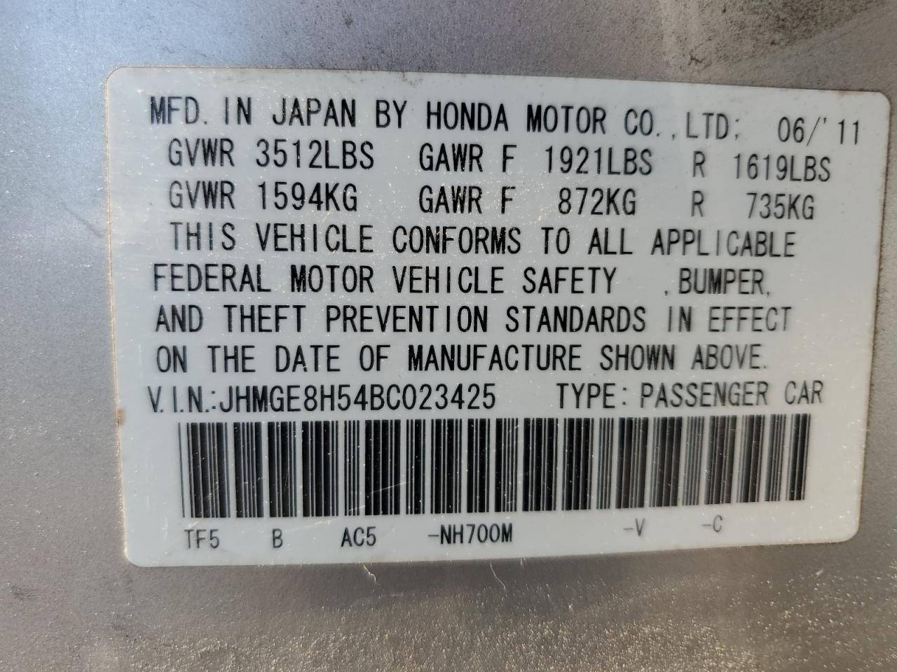 JHMGE8H54BC023425 2011 Honda Fit Sport