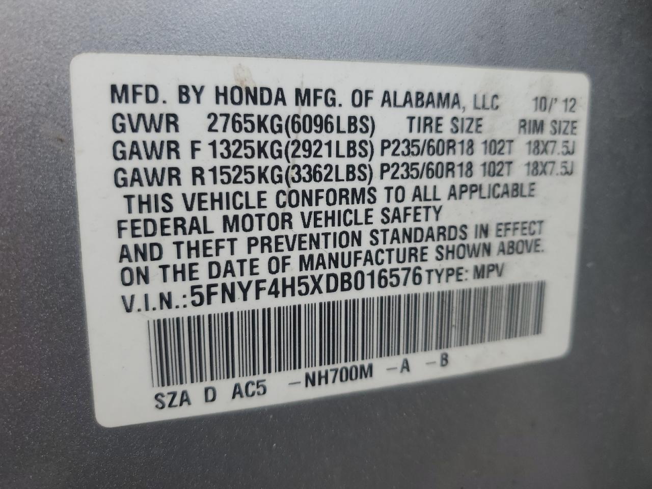 5FNYF4H5XDB016576 2013 Honda Pilot Exl