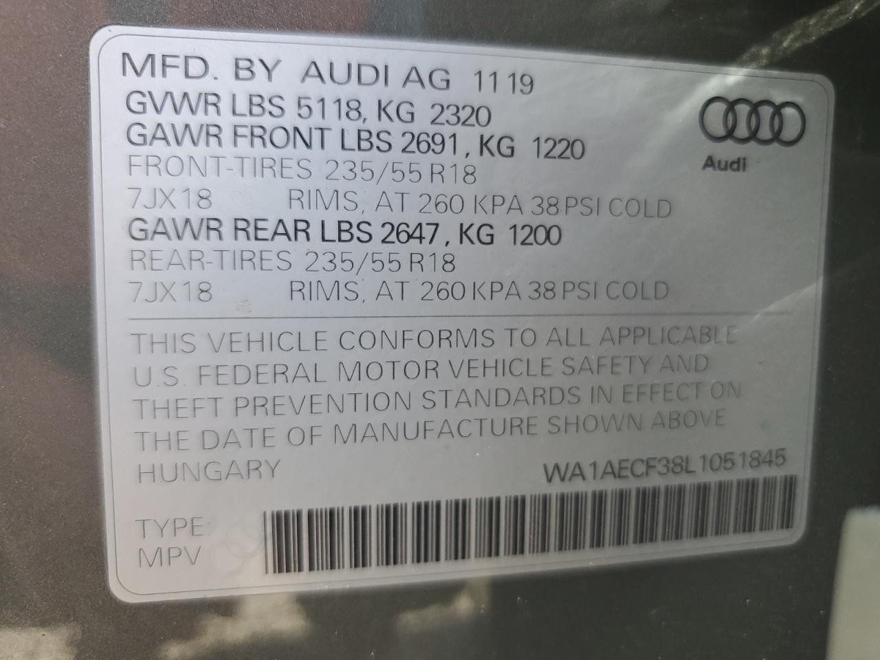 WA1AECF38L1051845 2020 Audi Q3 Premium