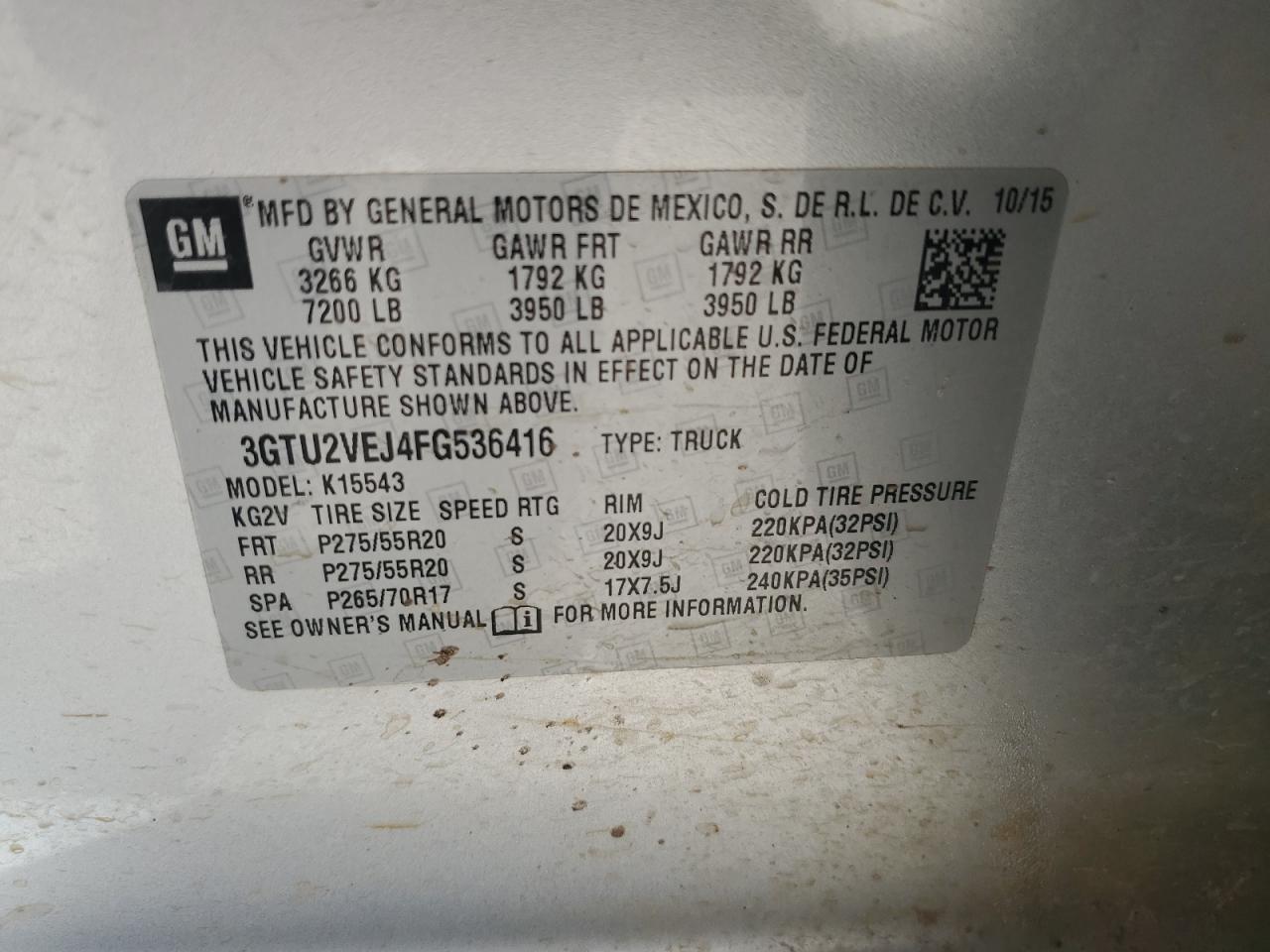 3GTU2VEJ4FG536416 2015 GMC Sierra K1500 Slt