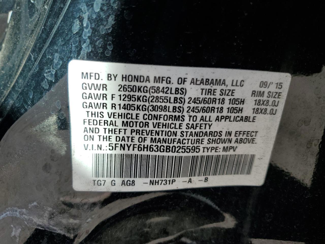 5FNYF6H63GB025595 2016 Honda Pilot Exl