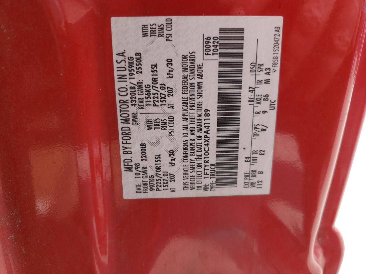 1FTYR10C4XPA41189 1999 Ford Ranger