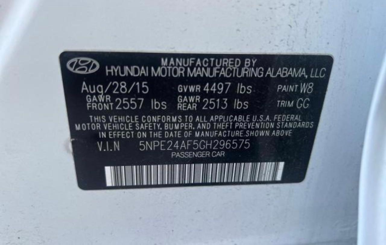 2016 Hyundai Sonata Se vin: 5NPE24AF5GH296575