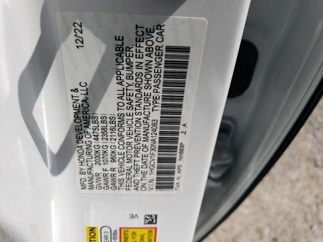 2022 Honda Accord Sport VIN: 1HGCV1F30NA124083 Lot: 57101524