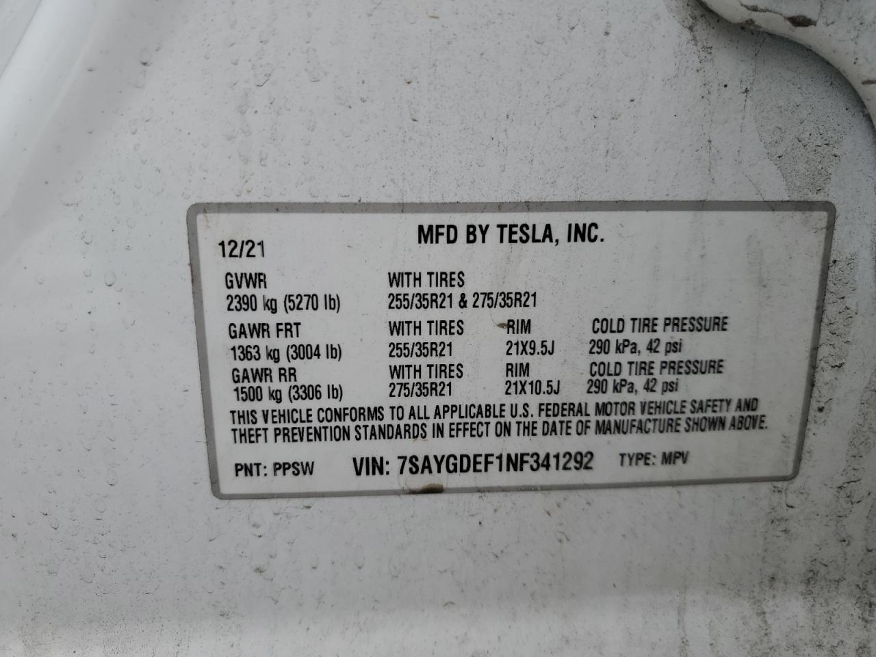 7SAYGDEF1NF341292 2022 Tesla Model Y