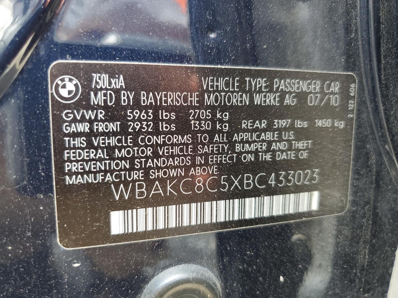 WBAKC8C5XBC433023 2011 BMW 750 Lxi