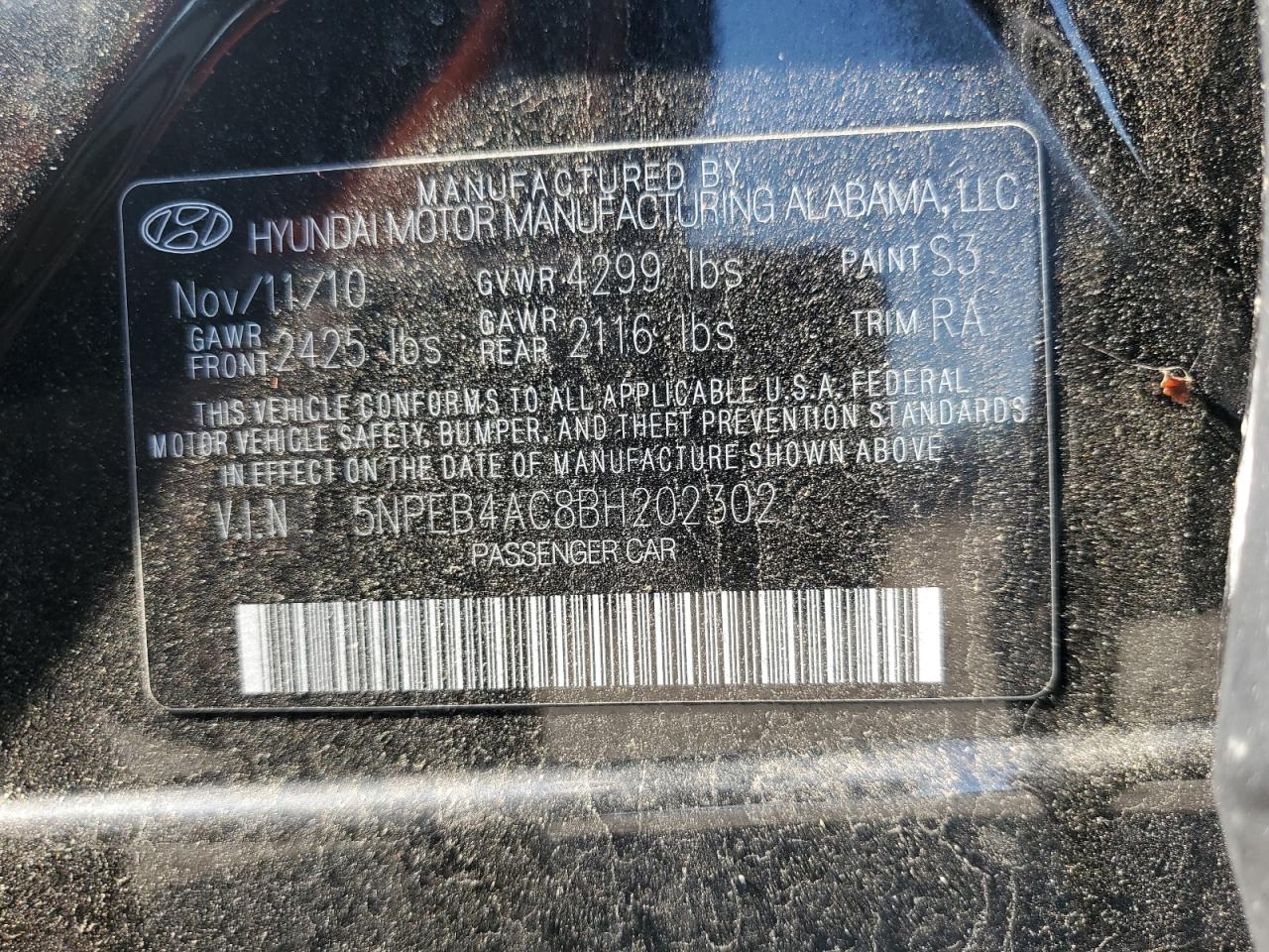 5NPEB4AC8BH202302 2011 Hyundai Sonata Gls