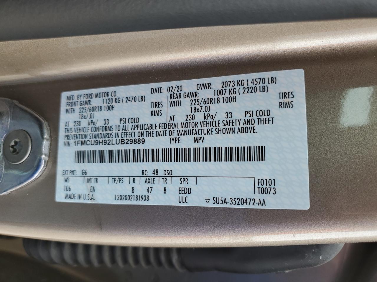 1FMCU9H92LUB29889 2020 Ford Escape Sel