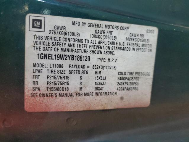 2000 Chevrolet Astro VIN: 1GNEL19W2YB186139 Lot: 58170204