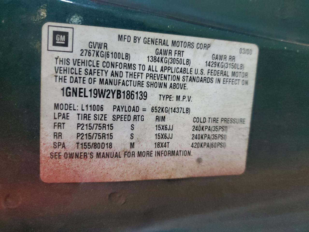 1GNEL19W2YB186139 2000 Chevrolet Astro