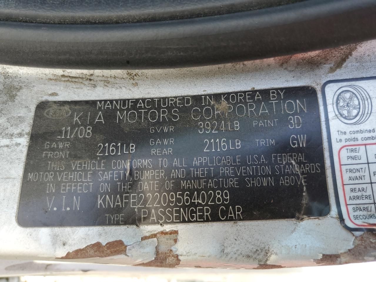 KNAFE222095640289 2009 Kia Spectra Ex