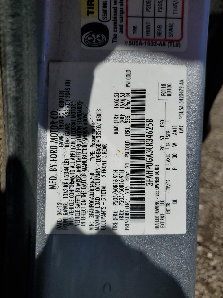 3FAHP0GA3CR346258 2012 Ford Fusion S