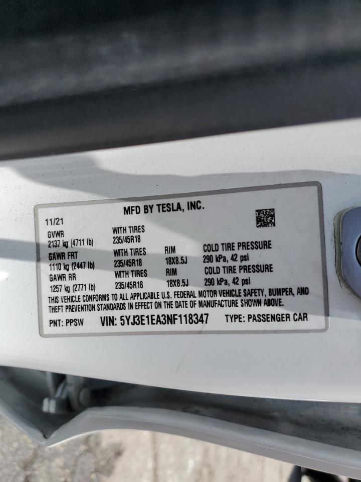 5YJ3E1EA3NF118347 2022 Tesla Model 3