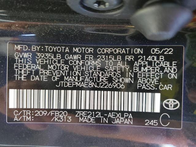 JTDEPMAE8NJ226906 | 2022 Toyota corolla le