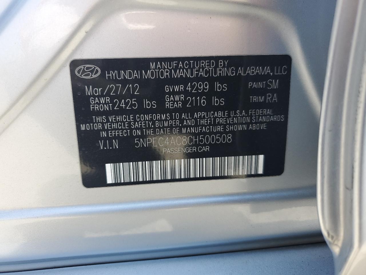 5NPEC4AC8CH500508 2012 Hyundai Sonata Se